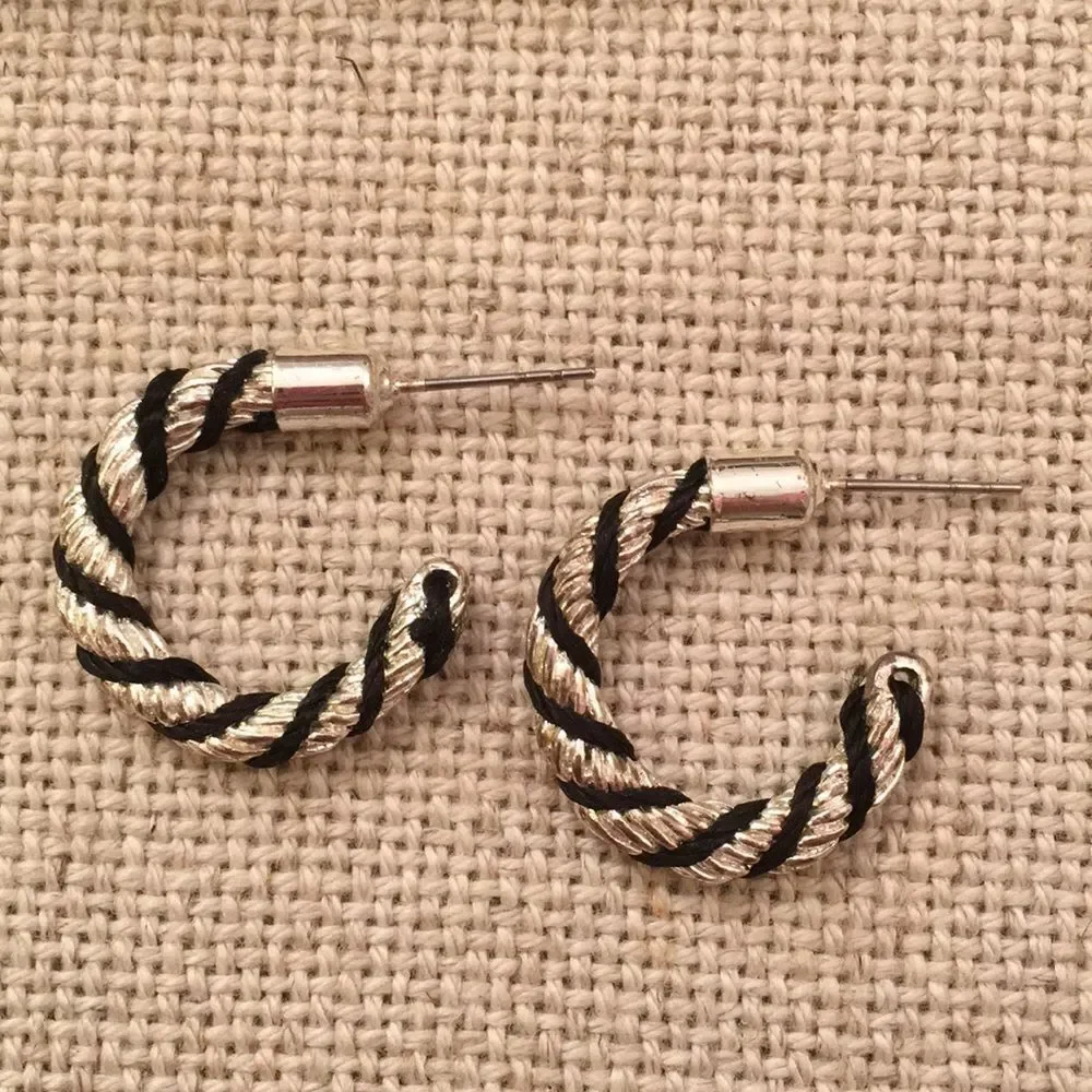 Silvertone Twisted Earrings with Black Cord